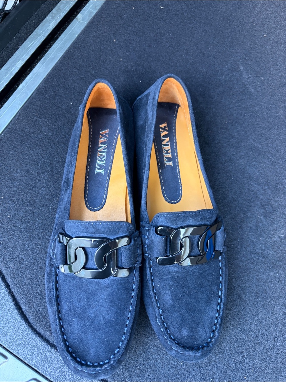 Vaneli Navy Suede Loafers with Polished Chain-Link Accent - Picture 2 of 6